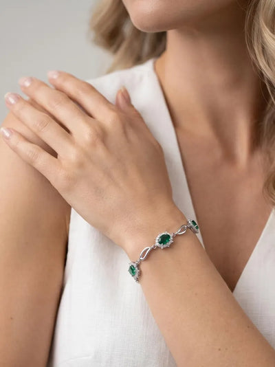 Emerald Green 925 Sterling Silver Bracelet – Adjustable CZ Tennis Style and Oval Cut