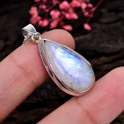 Rainbow Moonstone Sterling Silver Jewelry Pendant with Blue Flash