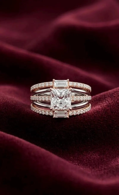 Princess Cut Statement Ring, 925 Sterling Silver Wide Band Rose Gold Two Tone Cocktail Ring, Promise Ring for Her