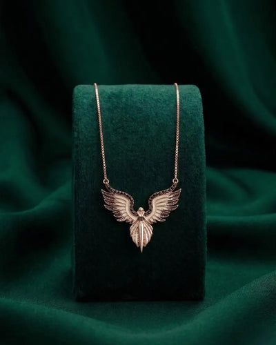 Rose Gold Plated Angel Wings Necklace, 925 Sterling Silver Two-Tone Pavé Pendant, Statement Wing Necklace, Gift for Her