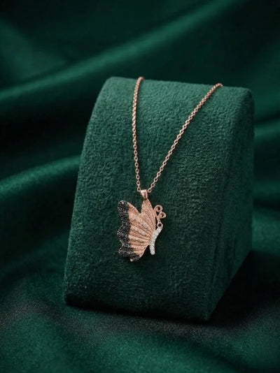 Rose Gold Butterfly Necklace, 925 Sterling Silver Pavé Pendant, Black & White Zircon, Minimalist Butterfly Jewelry, Gift for Her