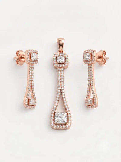 Princess Cut CZ Pendant with Matching Drop Earrings Set, Rose Gold Sterling Silver, Bridal Wedding Jewelry for Women