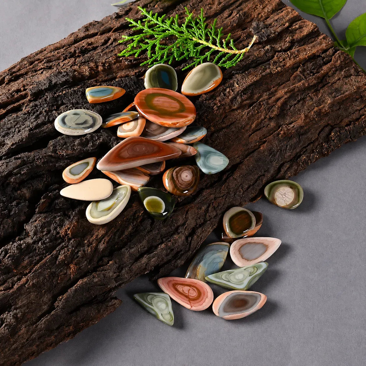 Colorful ceramic stones on a wooden surface with greenery