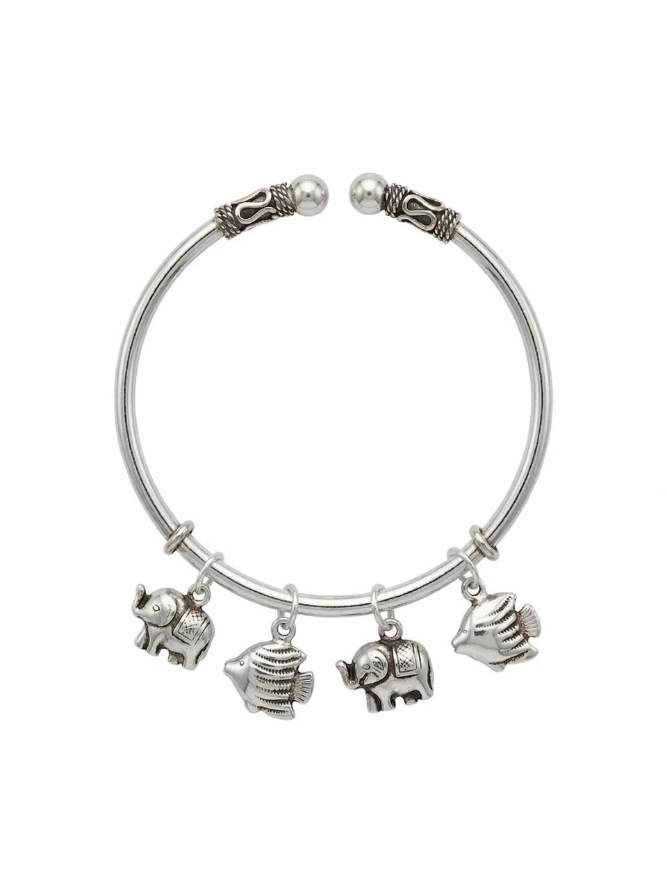 92.5 Sterling Silver Elephant & Fish Charm Silver Open Cuff Bracelet for Women