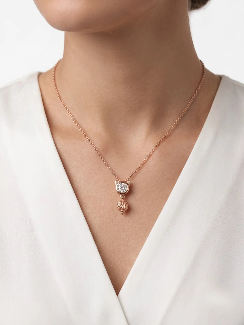 925 Sterling Silver Rose Gold Crystal Cat Charm Necklace for Women
