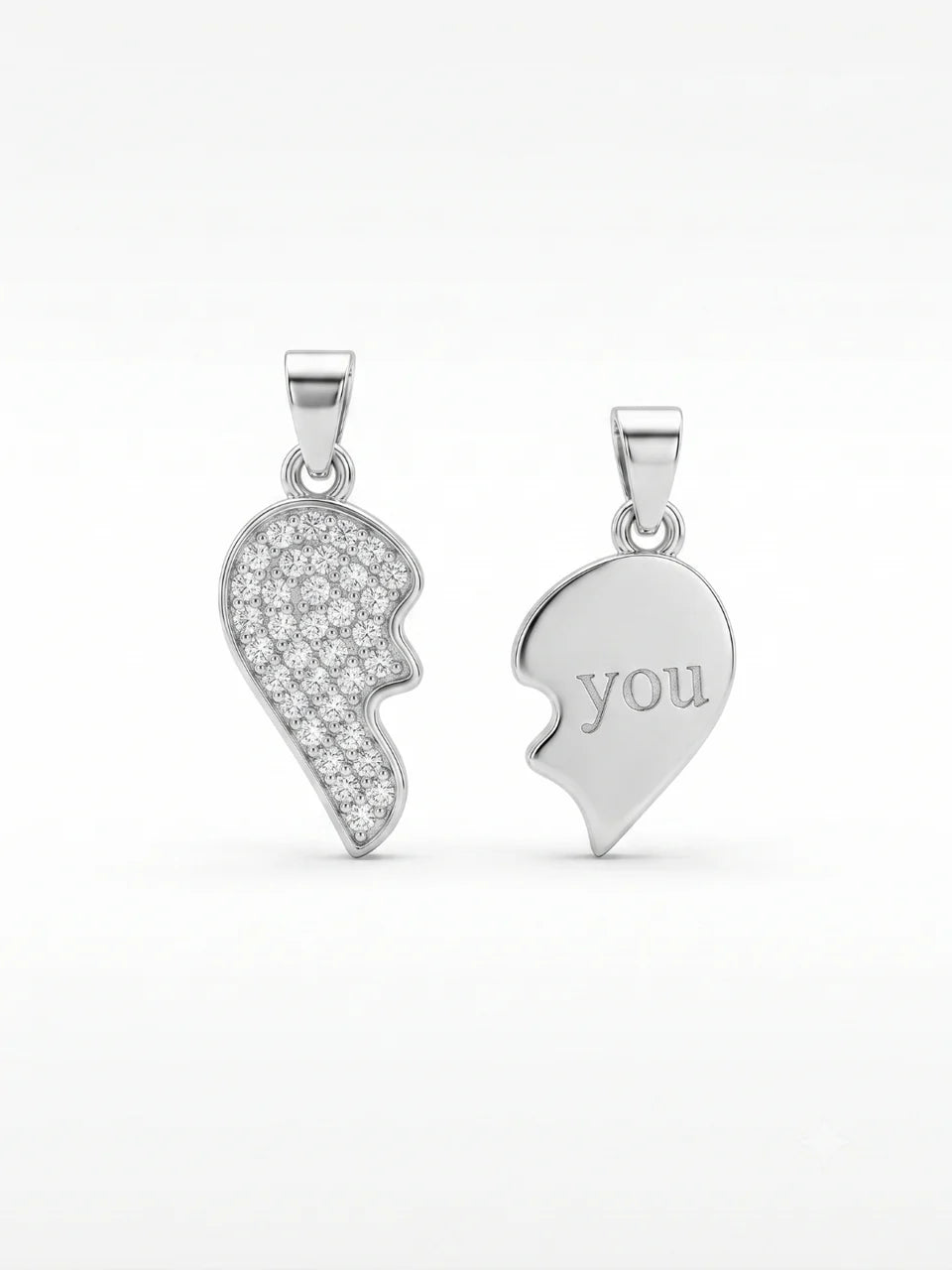 925 Sterling Silver Split Heart "You" Couple Pendant Without Chain