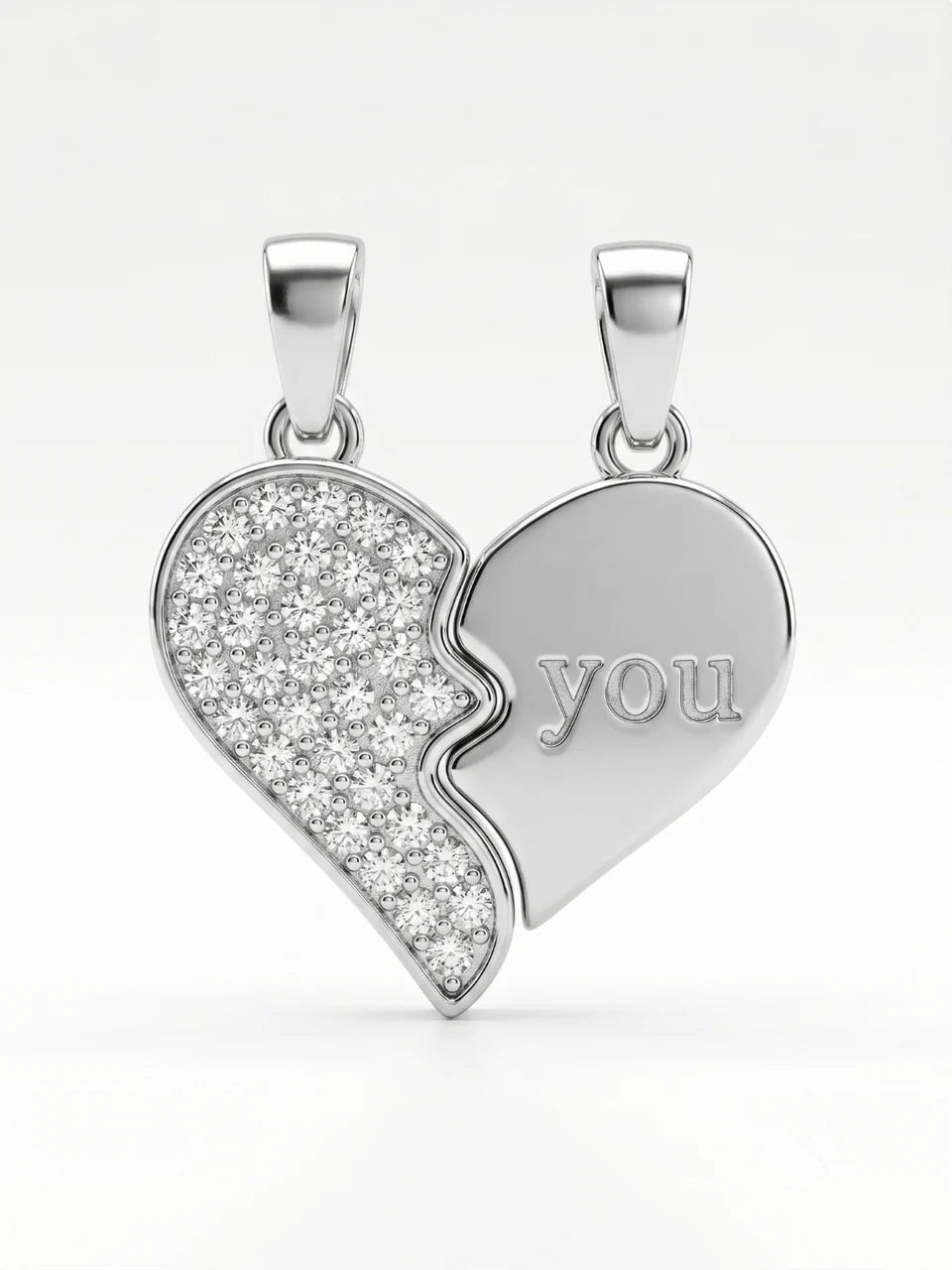 925 Sterling Silver Split Heart "You" Couple Pendant Without Chain