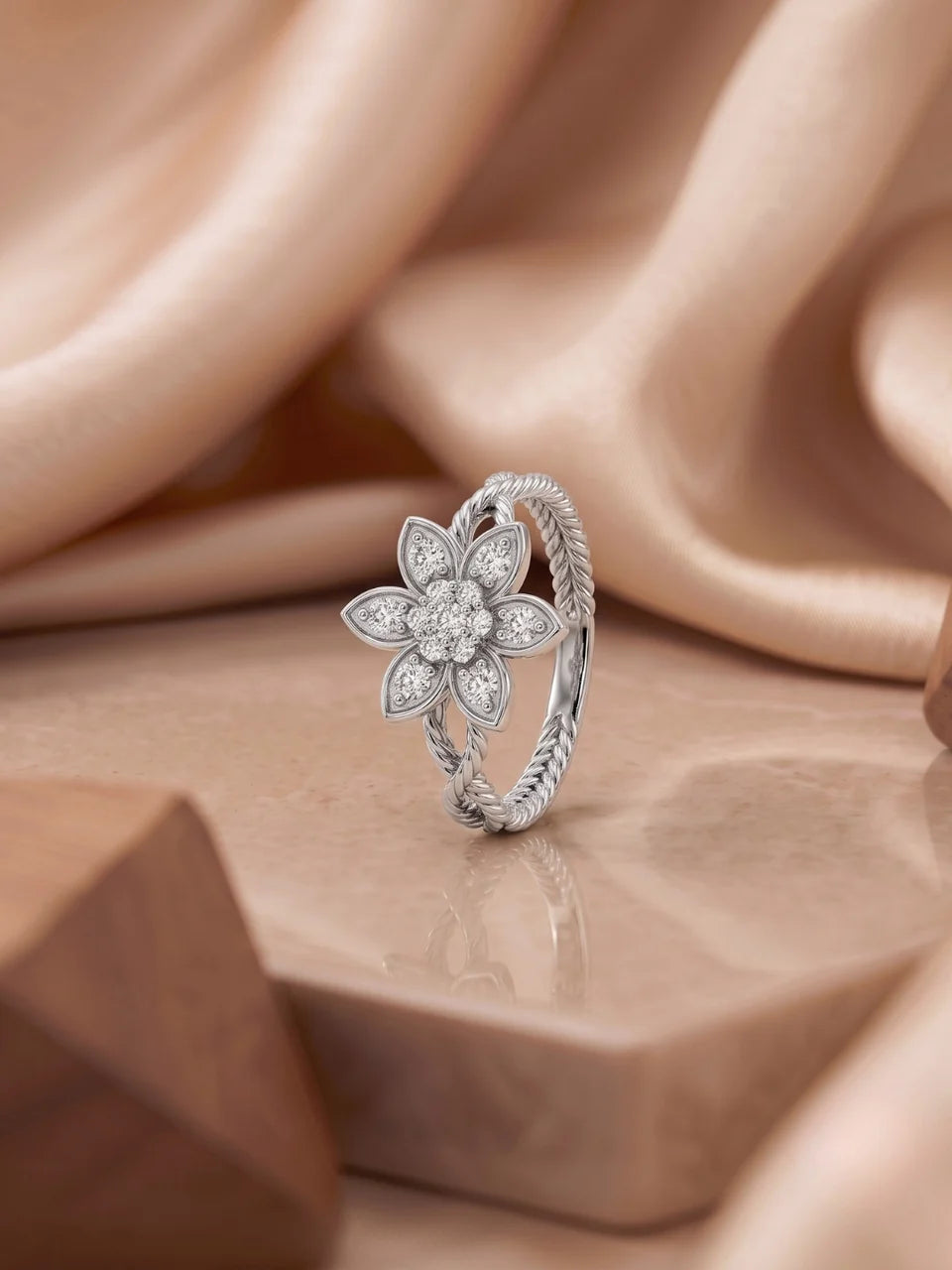 925 Sterling Silver Floral Diamond Ring for Women