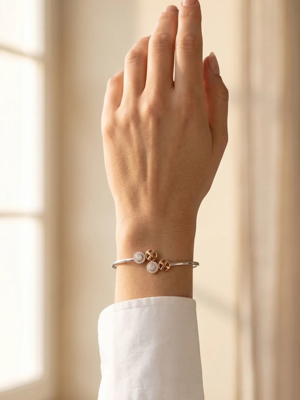 925 Sterling Silver Dual Halo Charm Open Bracelet for Women