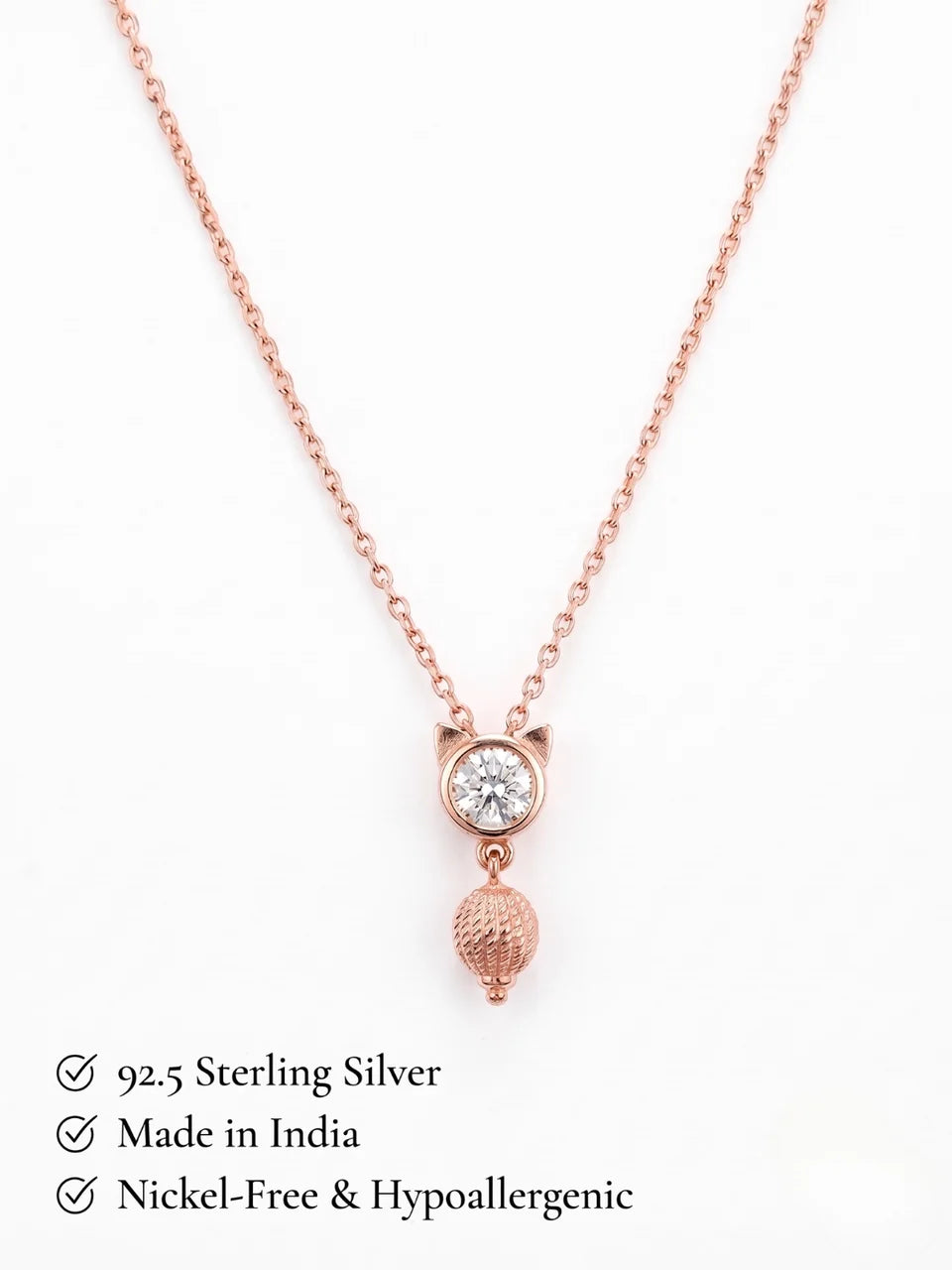 925 Sterling Silver Rose Gold Crystal Cat Charm Necklace for Women