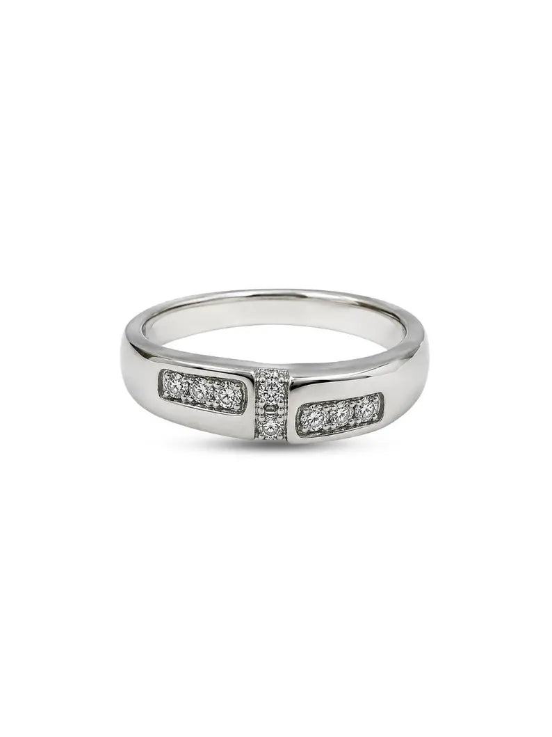 Front view of a 925 sterling silver band ring with three rectangular channel-set CZ panels
