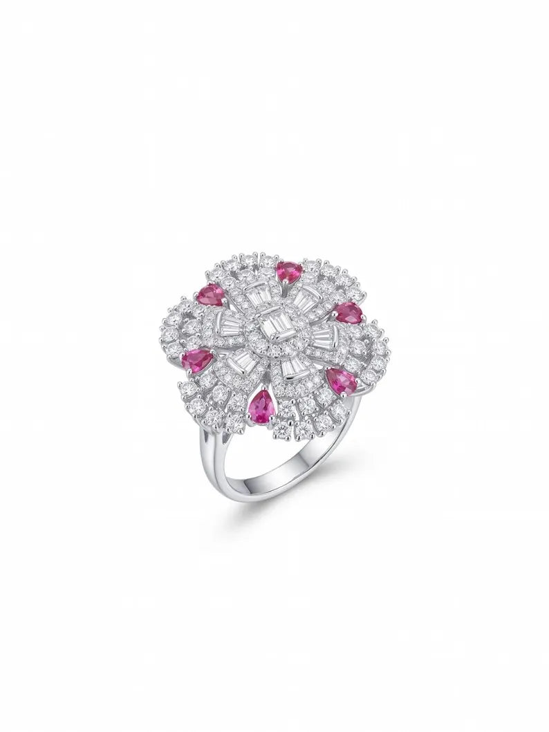 925 sterling silver rings | Floral Cluster Cocktail Ring adorned with pink CZ stones and sparkling accents.