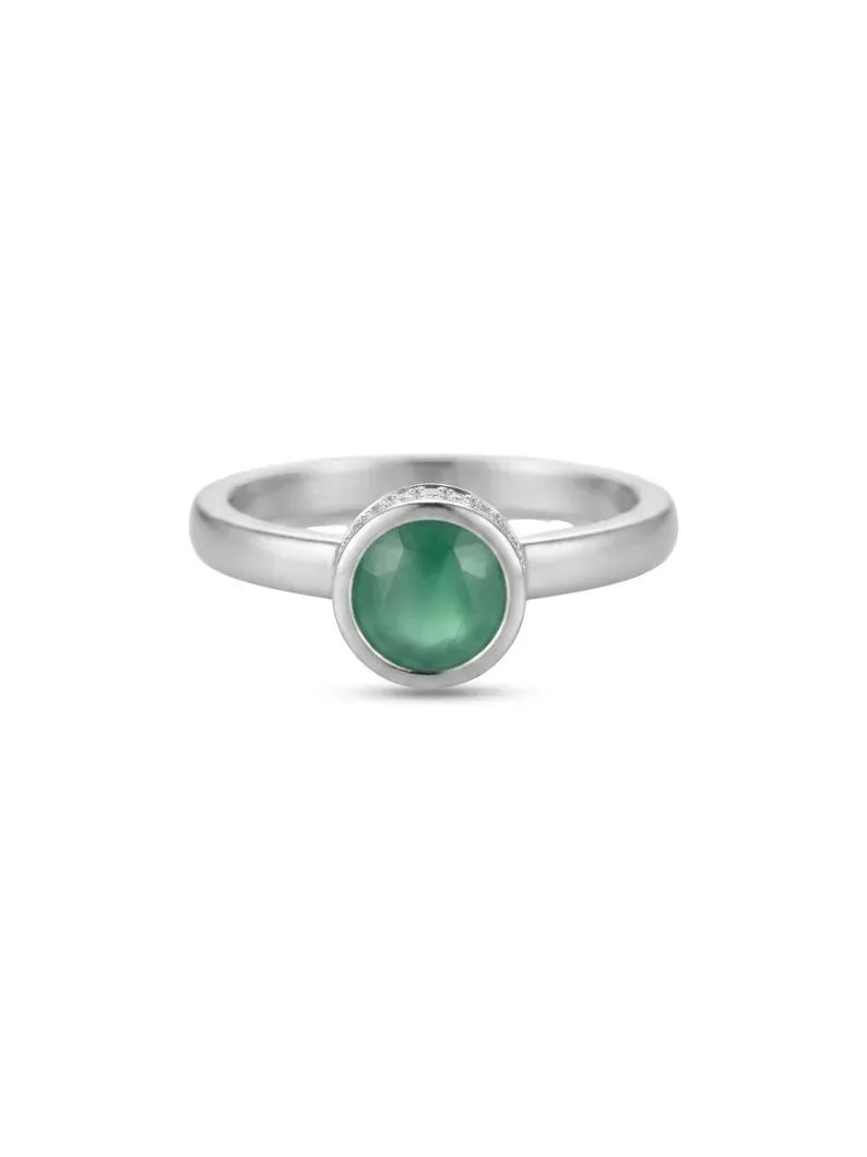 Front view of a 925 sterling silver ring with a round green stone in a bezel setting and small CZ accents