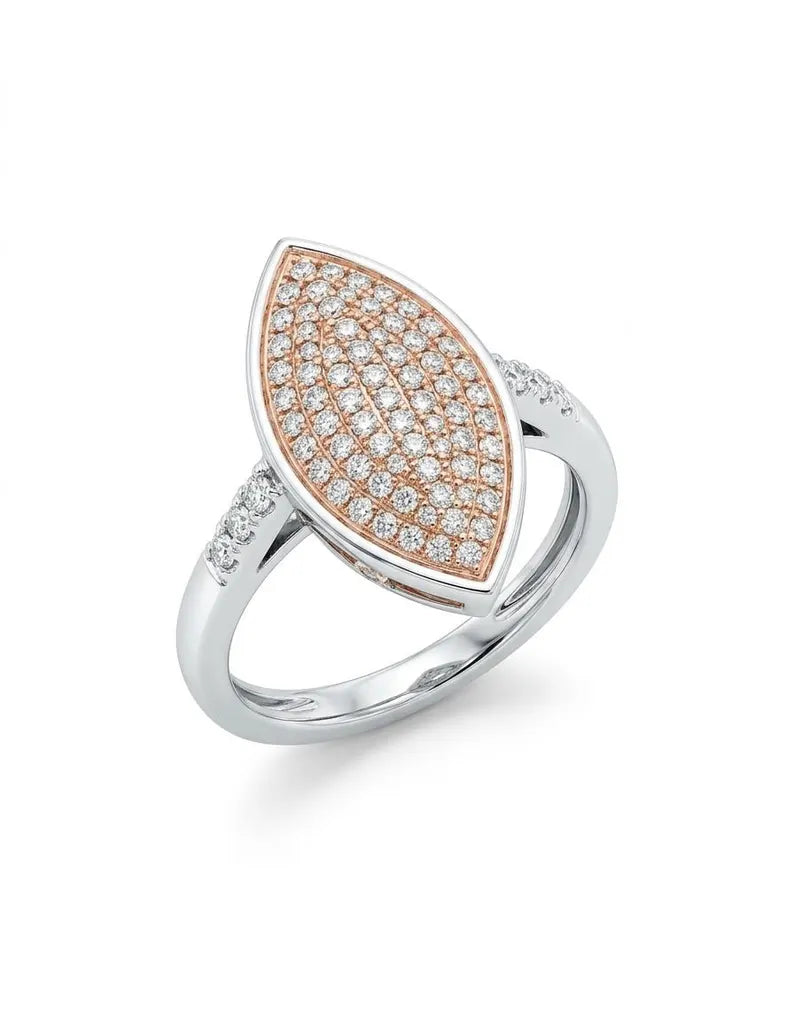 Angled view of a marquise-shaped ring with rose gold plated pave CZ top and silver CZ-lined shoulders