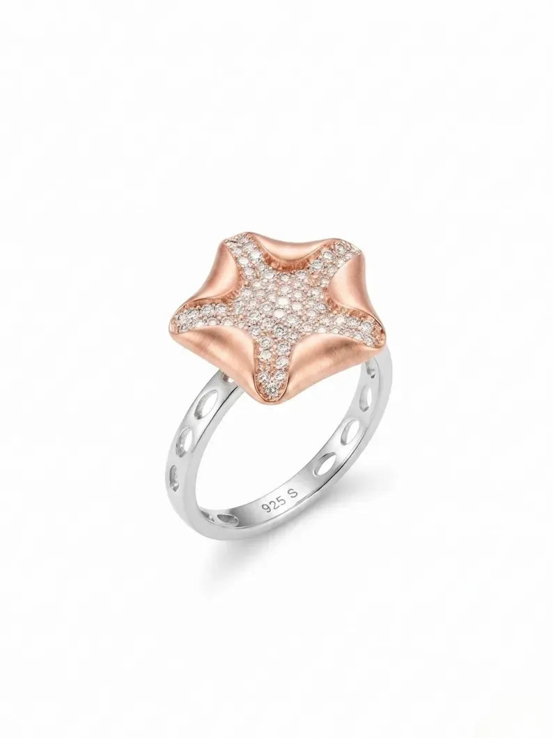 Sterling silver rings for women featuring a rose gold plated CZ starfish design.