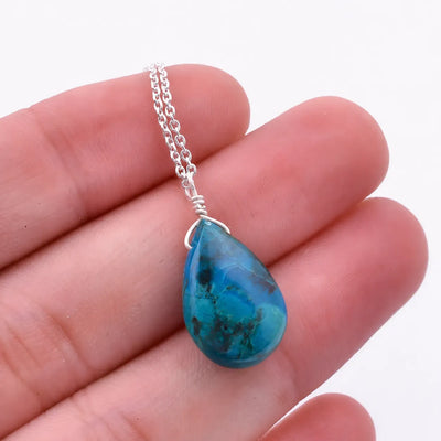 AA+ Natural Blue Chrysocolla Teardrop Pendant in Silver Plated Brass | polished pear cabochon  (Approx. 15 mm to 18 mm)