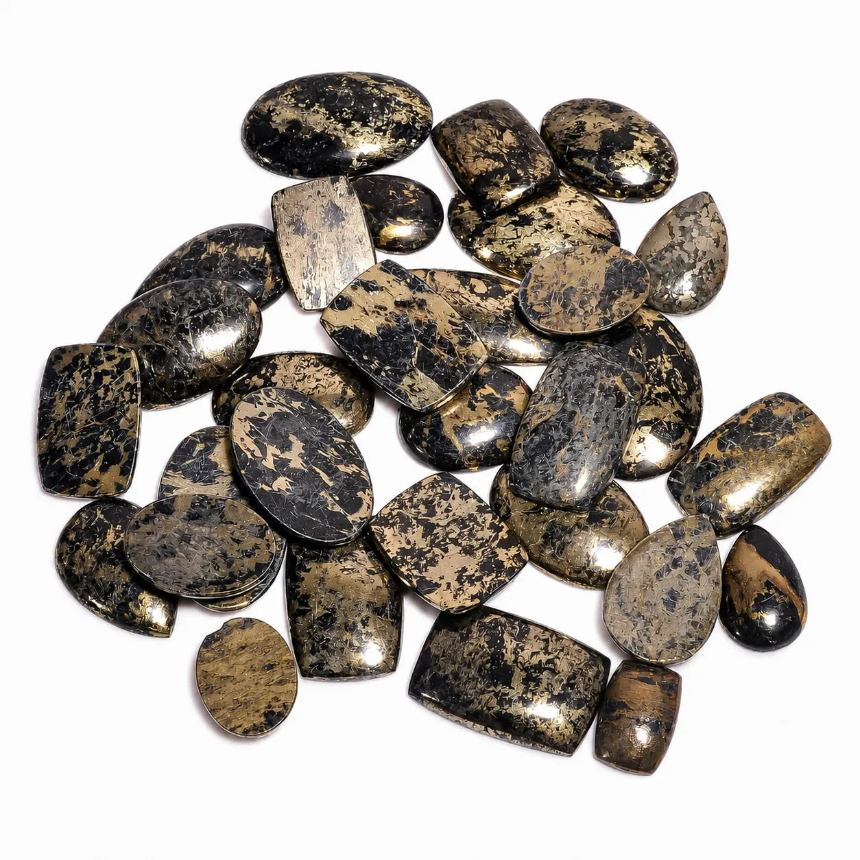 Natural Apache Gold Cabochon lot – Black & Gold Polished Gemstone (20–30 mm), 1–10 Pieces