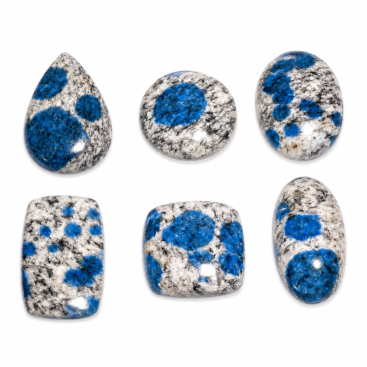 Six polished blue and white mottled stone cabochons in different shapes, arranged in two rows on a plain white background.