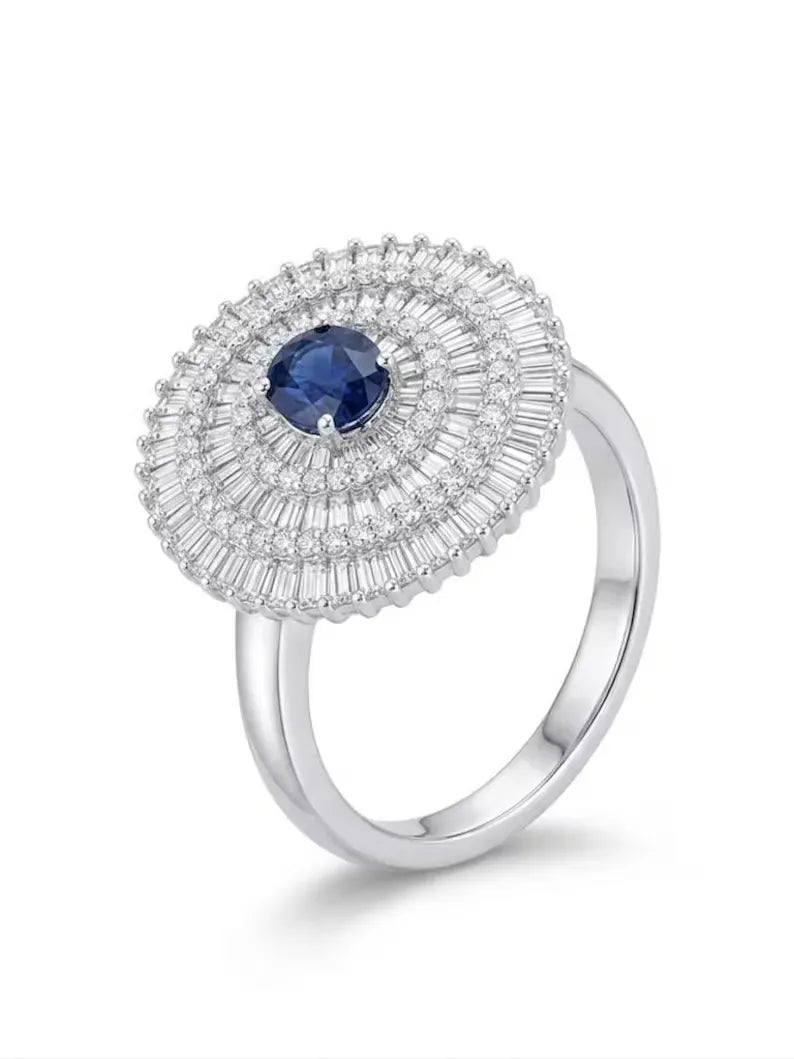 Blue sapphire CZ halo statement ring in 925 sterling silver with baguette accents