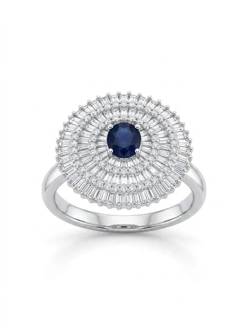 Blue sapphire CZ sterling silver ballerina cocktail ring with layered halo