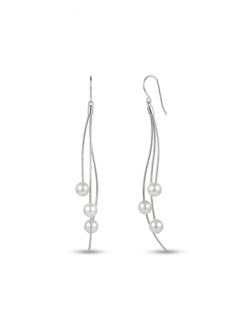 Pearl Wave Dangle Earrings — 925 Sterling Silver Pearl Drop Earrings, Modern Bridal Threader Style