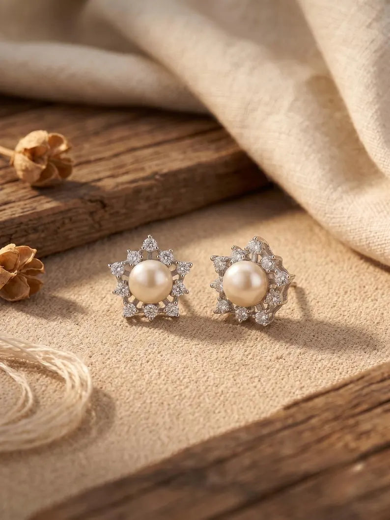 Pearl Stud Earrings with Starburst CZ Halo — 925 Sterling Silver Bridal Pearl Studs, Gift For Wife