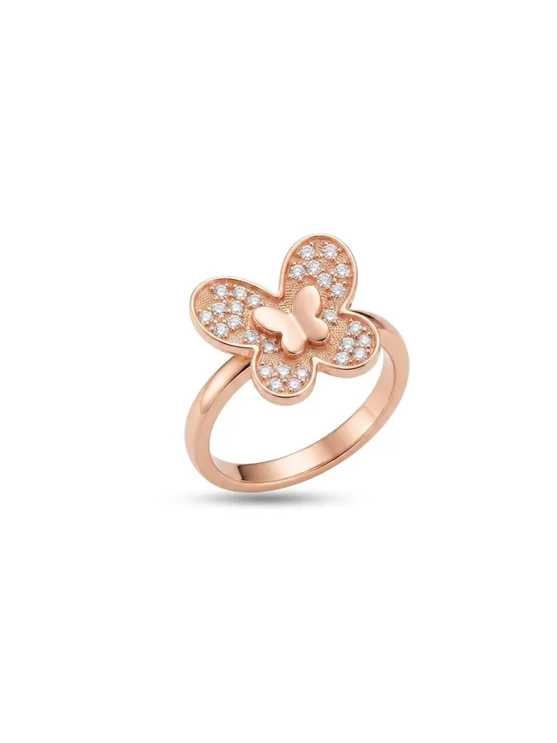 Front-facing shot of rose gold sterling silver butterfly ring with pave wings