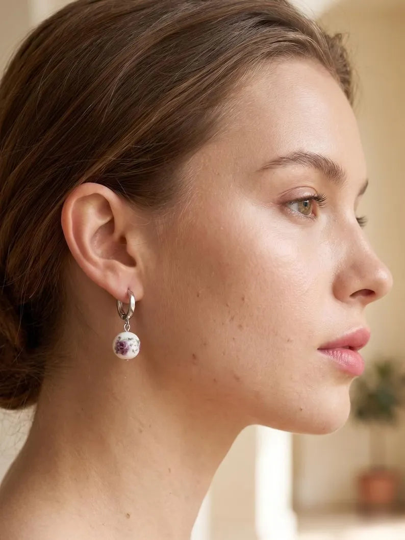 Floral Ceramic Bead Hoop Drop Earrings — 925 Sterling Silver Huggie Hoops, Porcelain-Style Rose Print