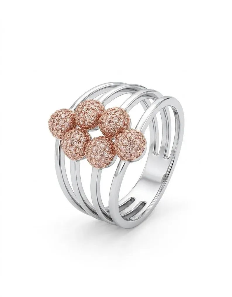 Chunky rings: four-band sterling silver ring with six rose gold plated CZ pave beads in beige satin