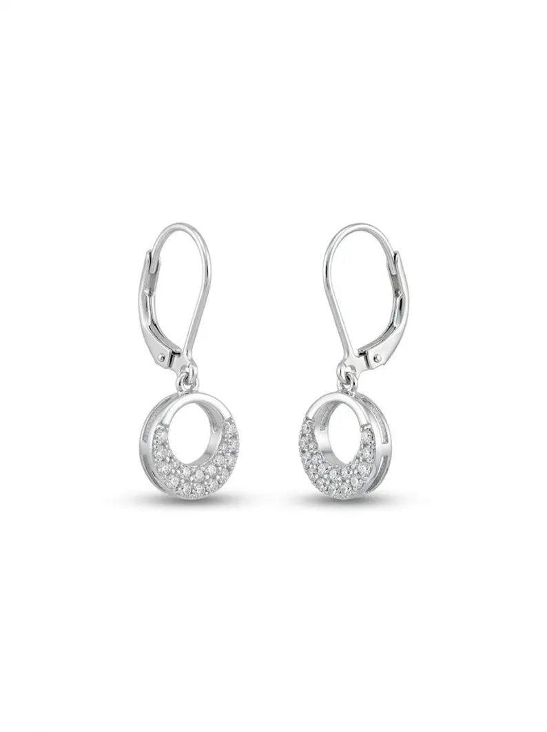 A pair of silver leverback drop earrings with open circular dangles paved with small clear stones, shown on a plain white background.