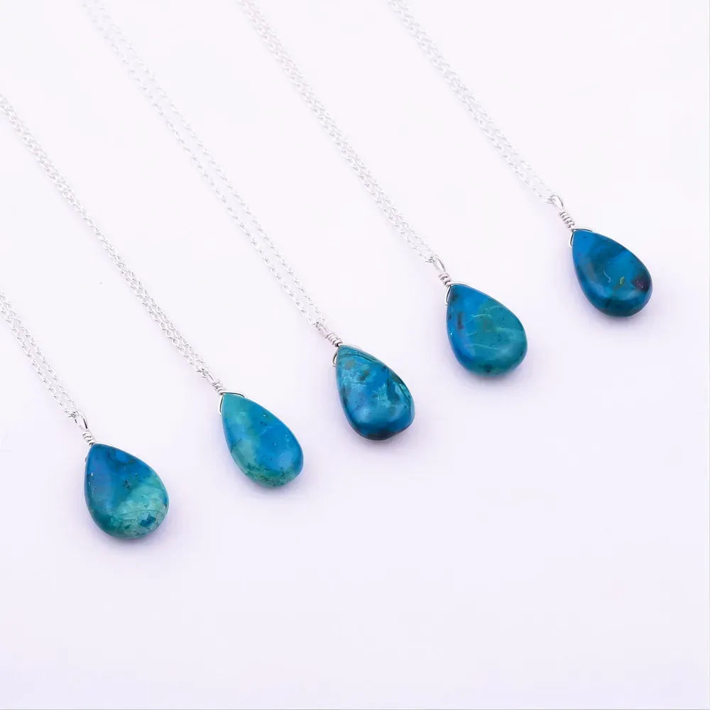 AA+ Natural Blue Chrysocolla Teardrop Pendant in Silver Plated Brass