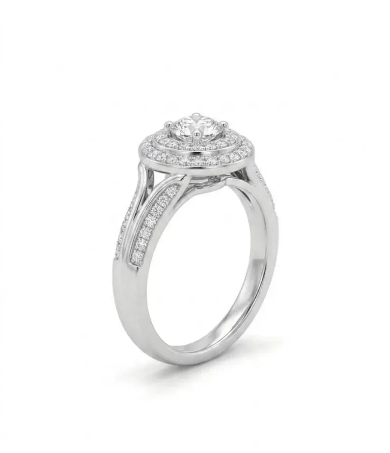 Front view of sterling silver double halo engagement ring featuring round cubic zirconia center stone and pave detailing