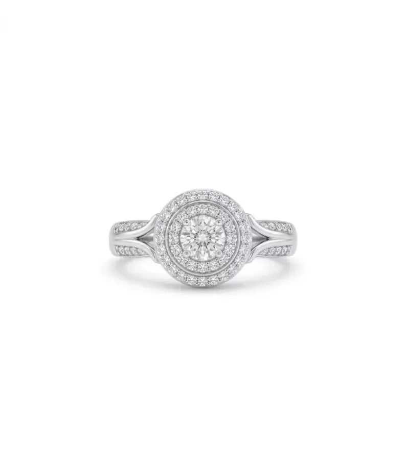 925 Sterling Silver Double Halo Engagement Ring with round CZ center stone and split shank pave band, side angle view