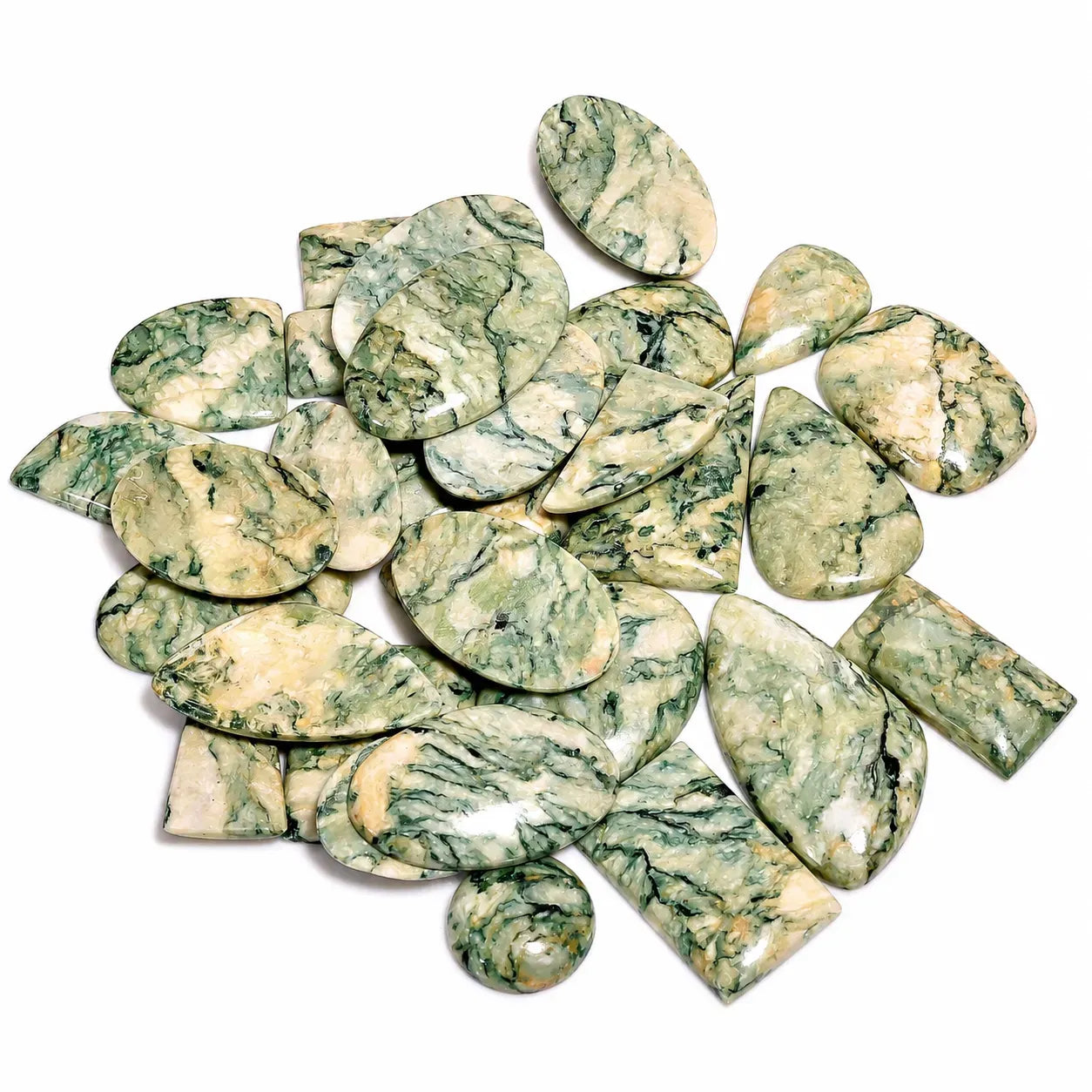 Marble-patterned stones on a white background