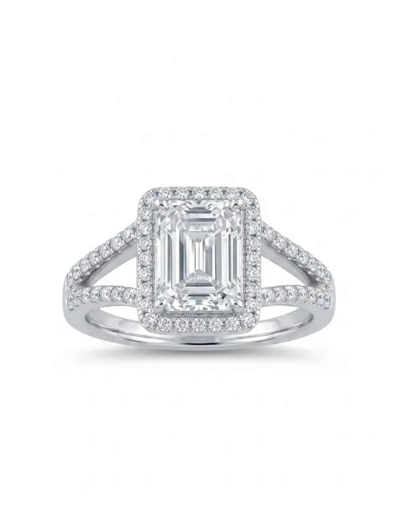 Emerald Cut CZ Halo Engagement Ring in 925 Sterling Silver for Women