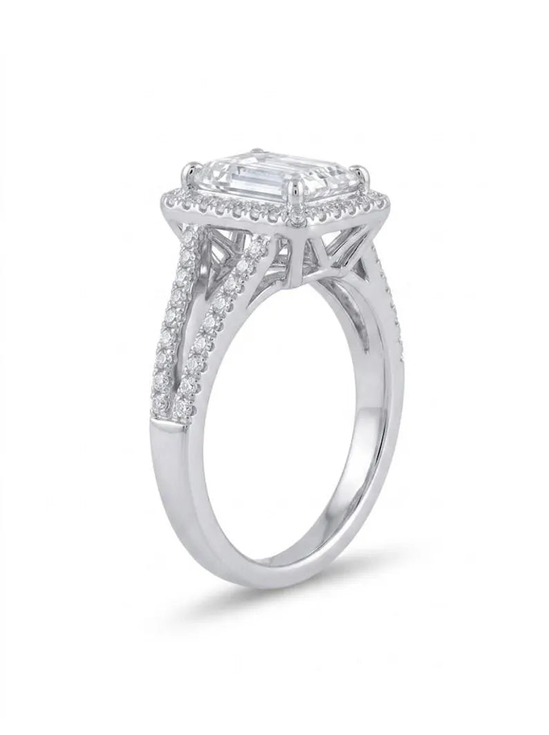 Emerald Cut Cubic Zirconia Halo Promise Ring with Split Shank Band