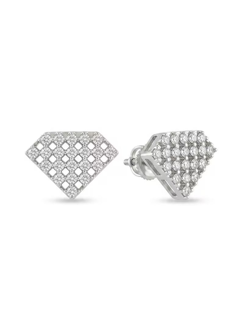 Rectangular sign Fan-shaped pave triangle stud earring worn on ear with 'PUMP ROOM' text on a white background