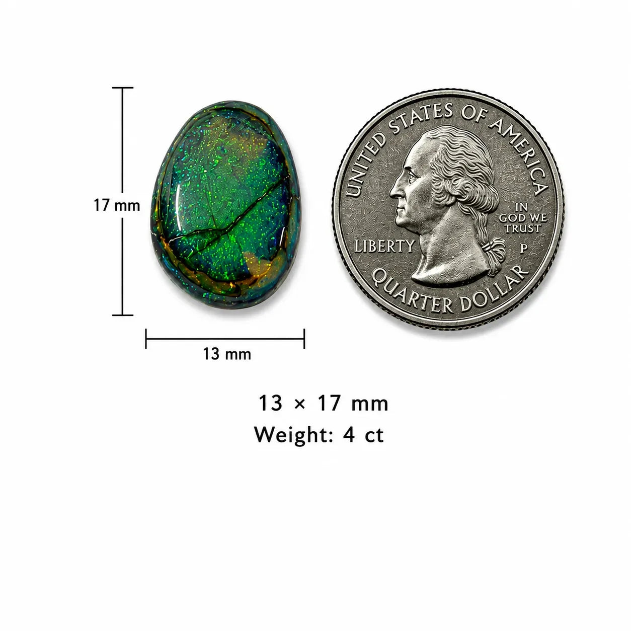 Fancy Shape Monarch Opal Cabochon size comparison with quarter coin, 13x17mm, 4 cts