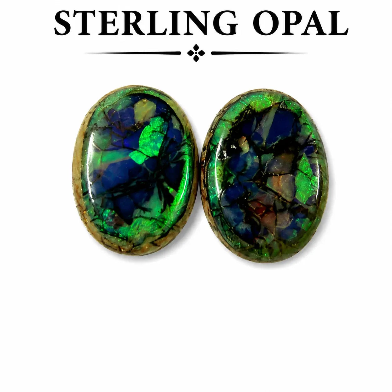 Matched pair of Fancy shape Sterling Opal Cabochons, 13x18mm, 9 carats, AAA grade front view
