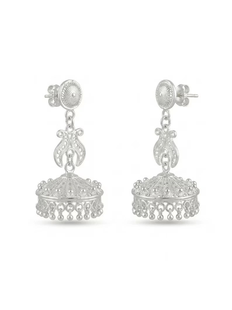 A pair of silver-toned traditional Indian jhumka earrings with intricate filigree work and dangling bead chains, shown against a plain white background.