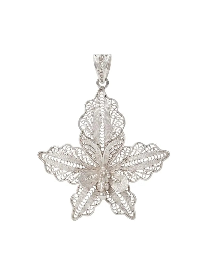 A silver filigree pendant shaped like a butterfly, featuring intricate openwork detailing and a textured central cluster, shown on a plain white background.