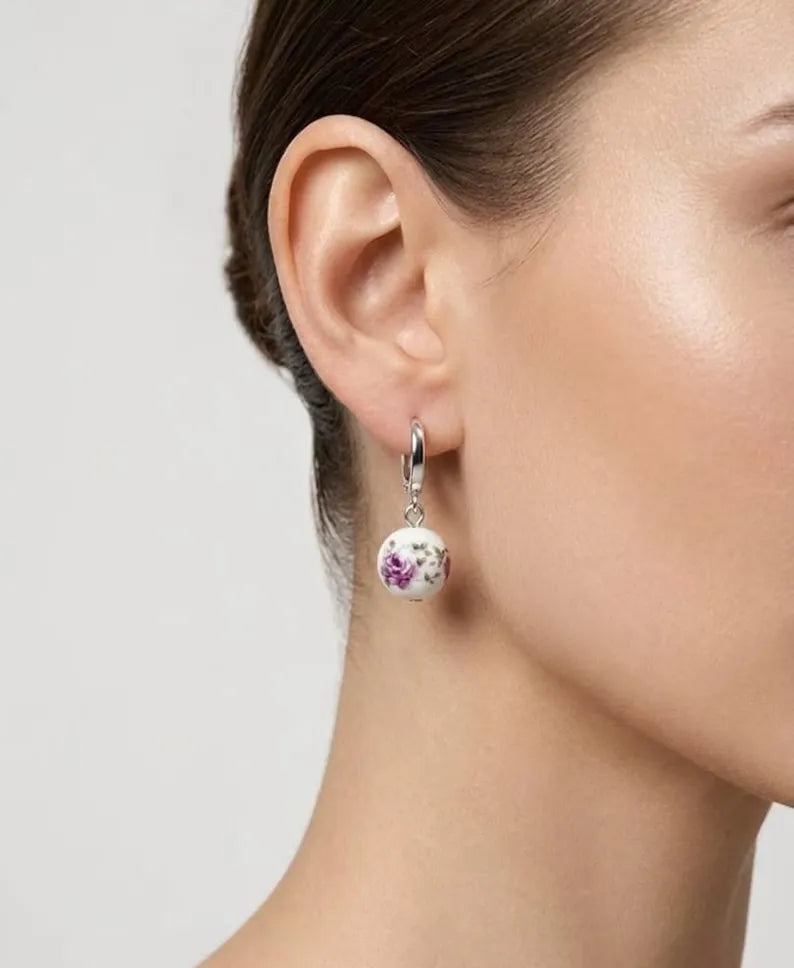 Floral Ceramic Bead Hoop Drop Earrings — 925 Sterling Silver Huggie Hoops, Porcelain-Style Rose Print