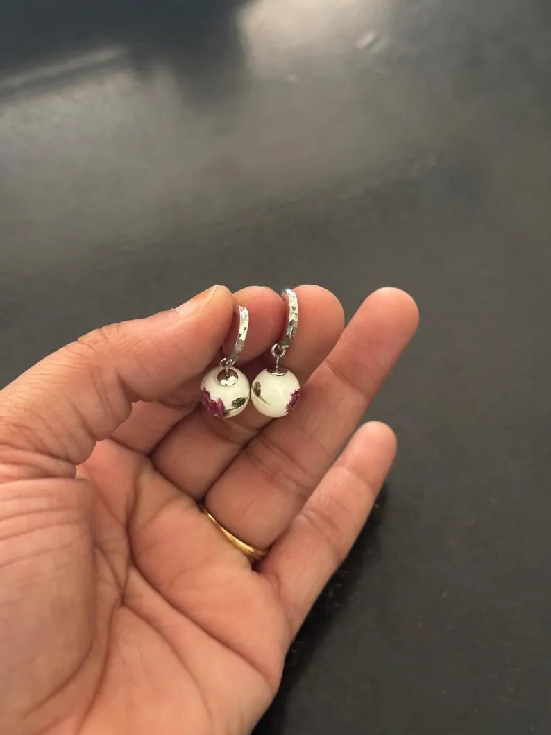 Floral Ceramic Bead Hoop Drop Earrings — 925 Sterling Silver Huggie Hoops, Porcelain-Style Rose Print