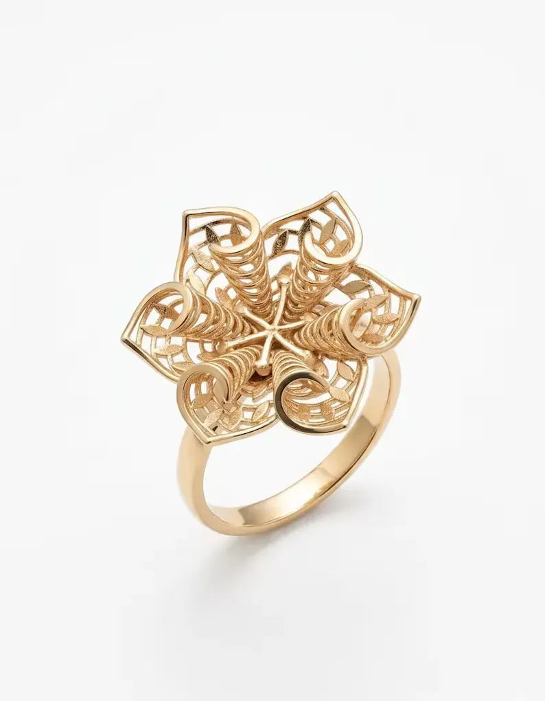 Side angle view of gold plated sterling silver floral filigree statement ring