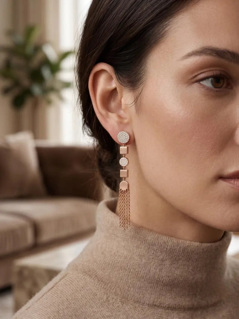 Sterling Silver & Rose Gold Plated Chain Tassel Drop Earrings — Geometric Pave CZ Fringe Dangle, Party Statement Jewelry