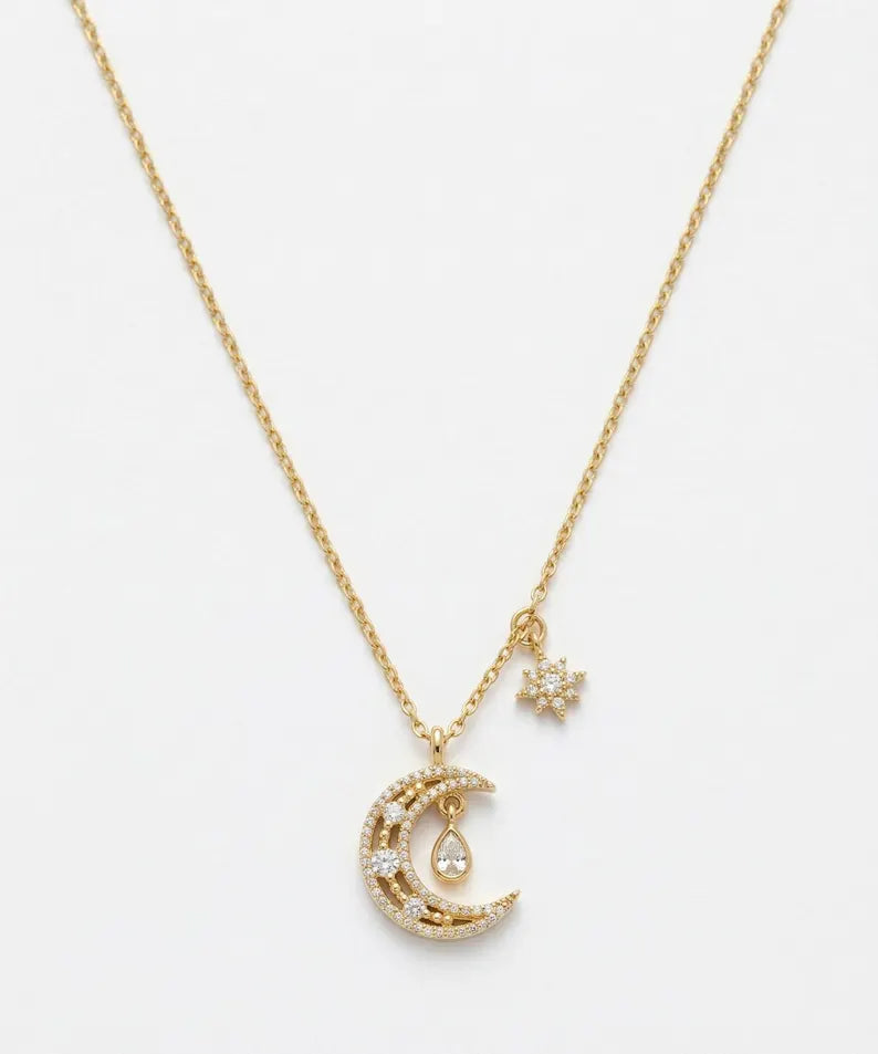 Gold crescent moon and star pendant necklace