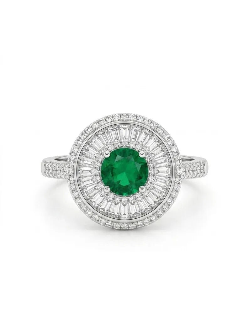 Green Emerald Engagement Ring, Vintage Art Deco Cocktail Ring