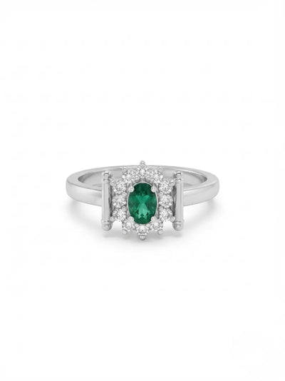 Green Gemstone Ring, Oval Halo Statement Ring, Sterling Silver Jewelry, Elegant Birthstone Gift for Her