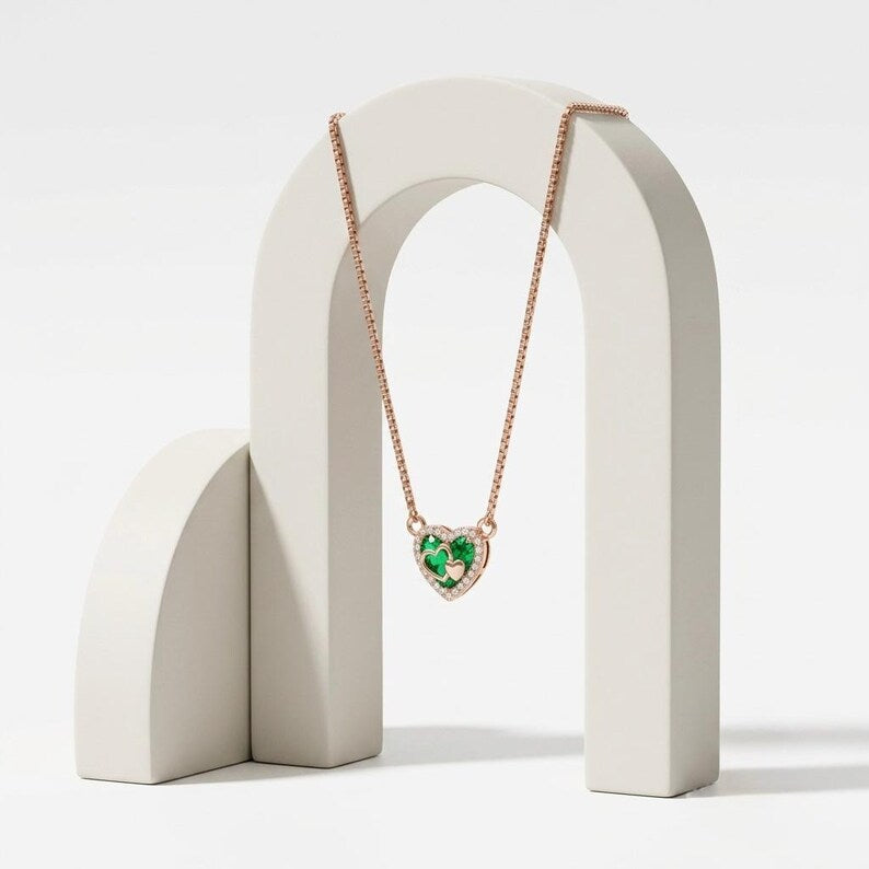 Rose gold green heart necklace with zircon halo