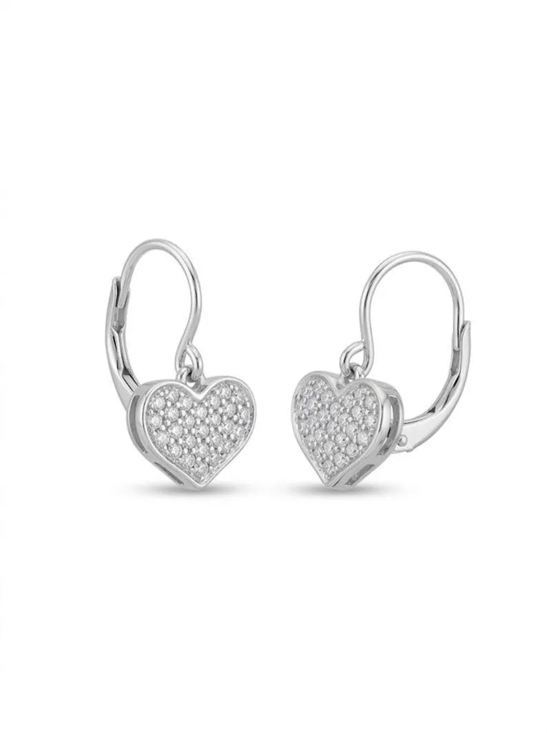 A pair of silver leverback earrings with heart-shaped charms paved with small clear stones, shown on a plain white background.